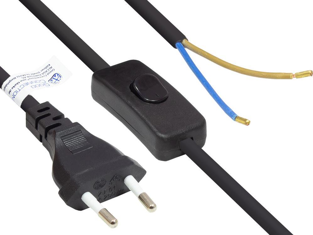 Euro-Netzkabel Euro-Stecker Typ C (gerade) an abisolierte Enden, mit Schalter, schwarz, 0,75 mm², 1,5 m, Good Connections® (P0386-S015)