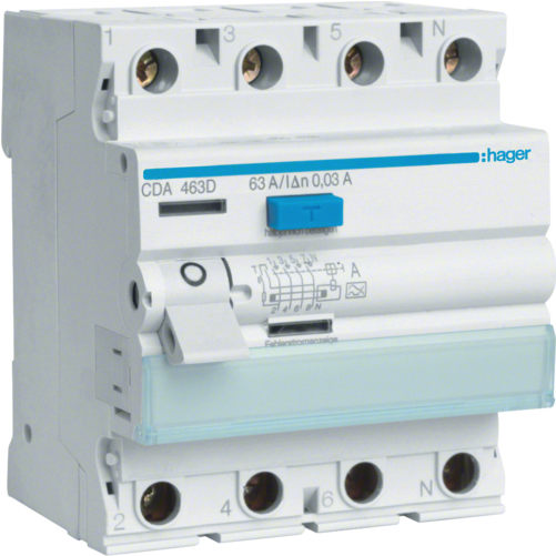 Hager CDA463D. Eingangsstrom: 63 A, Eingangsspannung: 230/400 V. Produktfarbe: Grau, Weiß (CDA463D)