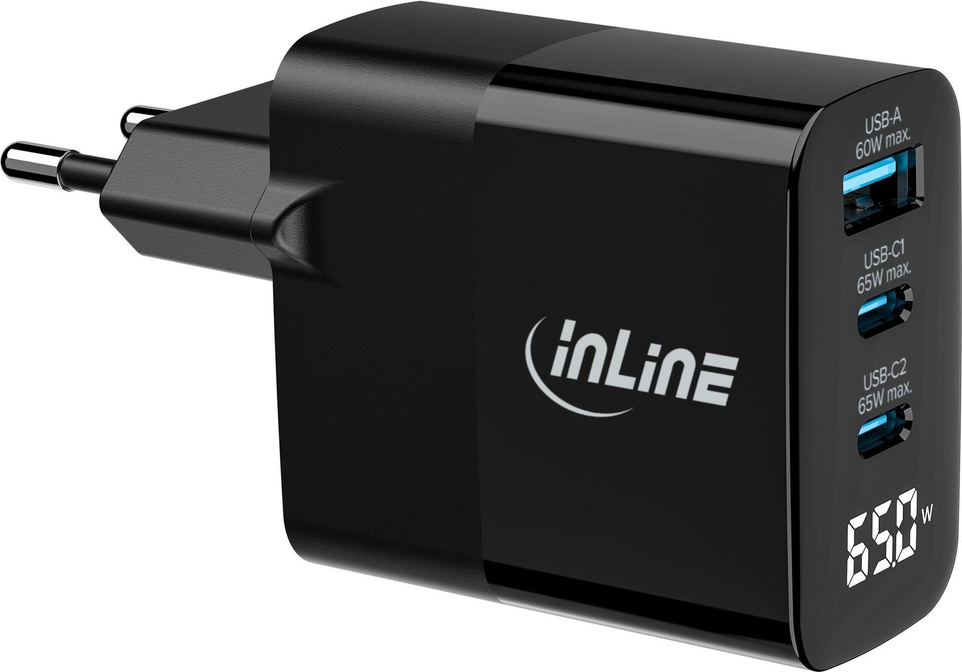 InLine Alimentatore USB PD caricatore GaN 3 porte USB-C USB-A 65W display