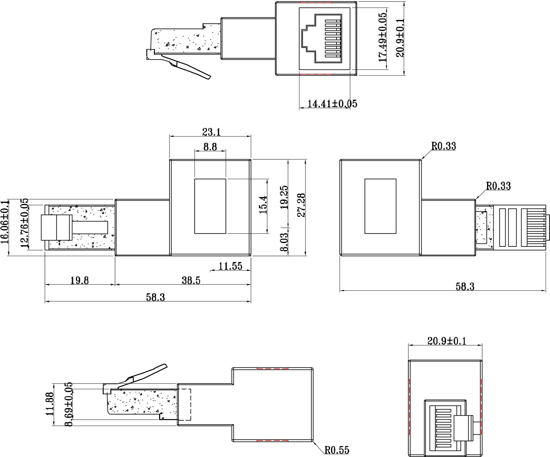 Cavo adattatore patch Cat.6A - presa-spina RJ45 - angolata 90 a sinistra