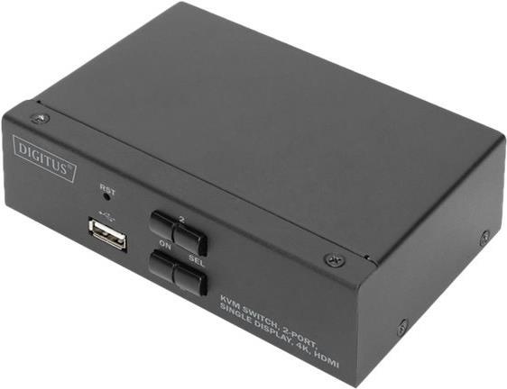 Con lo switch KVM a 2 porte DIGITUS per schermo singolo è possibile comandare due PC con capacità 4K da un'unica combinazione