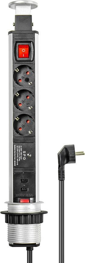 Pop-Up Steckdosenleiste 3+2, versenkbare Steckdosenleiste, Schalter, ALU-Profil, 3x Schutzkontakt, 2x USB, ÜSS/SPD, Good Connections® (PT060-0103)