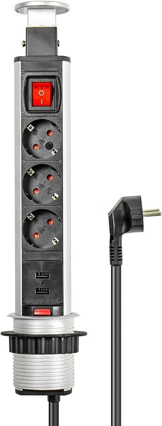 Pop-Up Steckdosenleiste 3+2, versenkbare Steckdosenleiste, Schalter, ALU-Profil, 3x Schutzkontakt, 2x USB, Good Connections® (PT060-0102)
