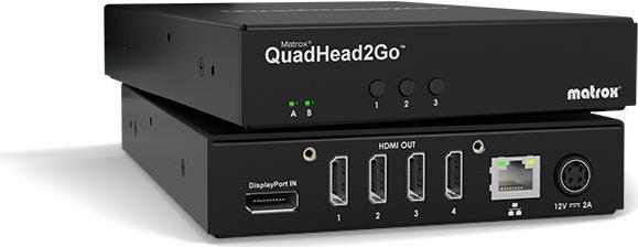 Matrox QuadHead2Go Multi-Monitor Controller Appliance / Q2G-DP4K - Schwarz - Regulatory/environmental compliance: EMC Class A: FCC - CE - KC - RCM - VCCI - Metall - 1000 Mbit/s - 10/100Base-T(X) - 1 GB (Q2G-DP4K)