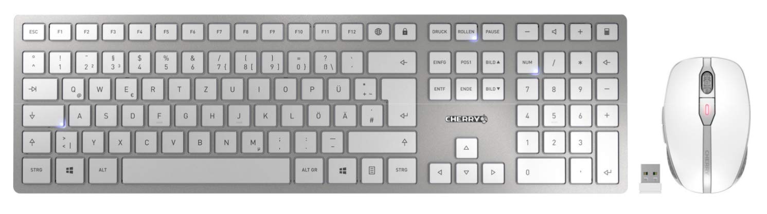 CHERRY DW 9000 SLIM - Tastatur-und-Maus-Set - kabellos - 2.4 GHz, Bluetooth 4.0 - Englisch (USA) mit EURO-Symbol - Schlüsselschalter: CHERRY SX - weiß, Silber