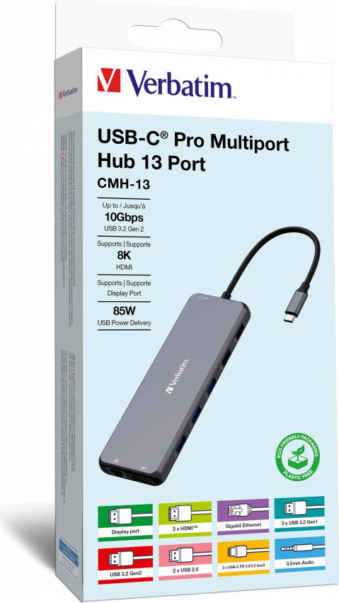 Verbatim CMH-13 USB tipo-C 10000 Mbit/s Argento (VERBATIM USB-C PRO MULTIPORT HUB 13 PORT CMH-13)