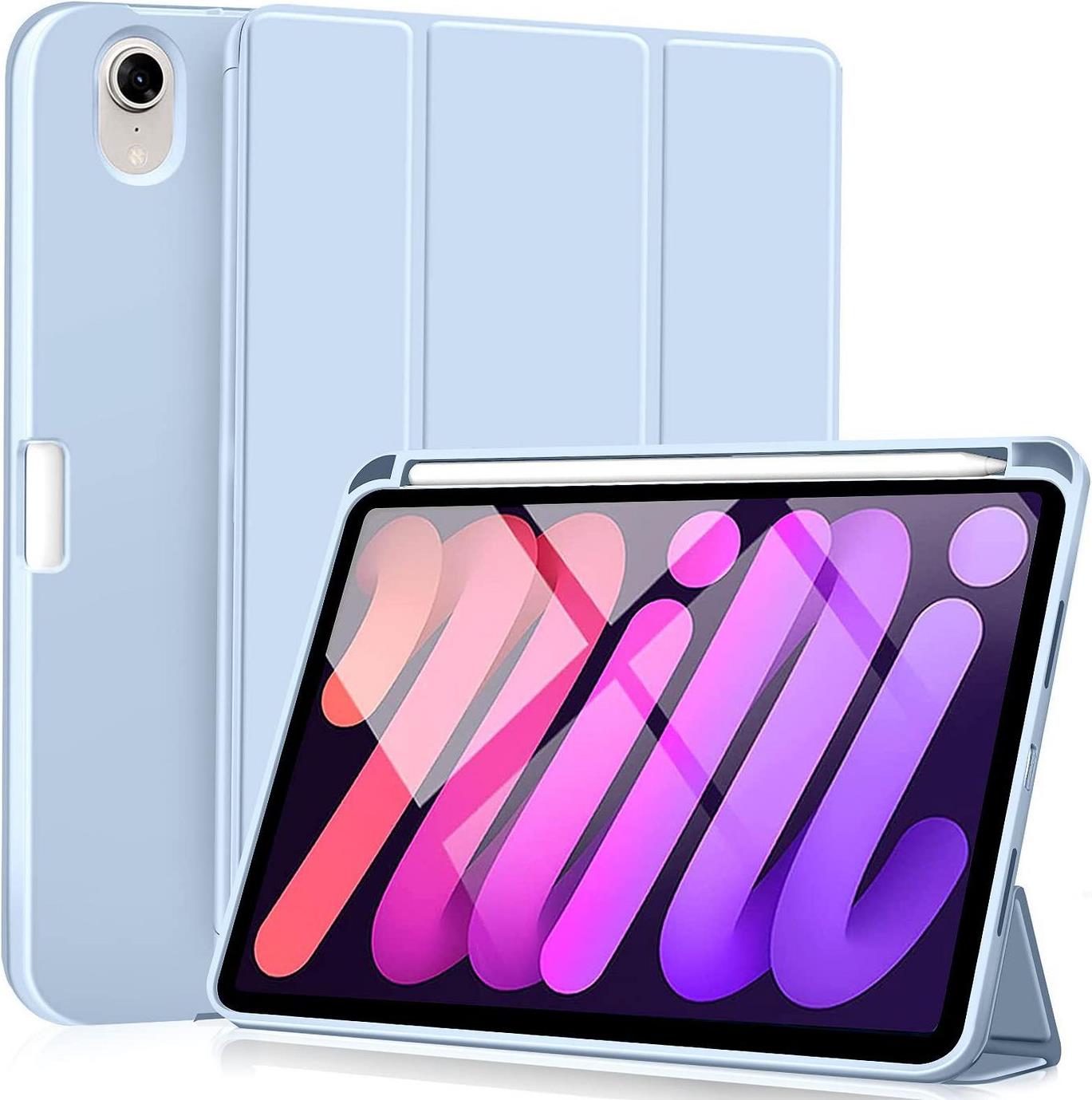 Cover for MIAMI Pencil Case iPad Mini - 6. Sky Blue PU leather front - with soft TPU back. Pencil slot for charging in cover -