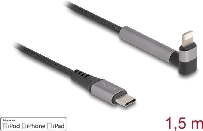 Cavo dati e ricarica Delock USB Type-C a Lightning per iPhone iPad iPod angolato con funzione di supporto nero 15 m M