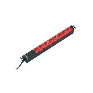 Bachmann 48,30cm (19)-Steckdosenleiste ALU, 8-fach, für USV mit IEC-Kaltgerätestecker IEC320 C14 (für USV-Anlagen), Zuleitung 2 m, 1HE, schwarz, 8 rote Schutzkontakt-Steckdosen, ohne Schalter, Mit 10 A Feinsicherung (333.538)
