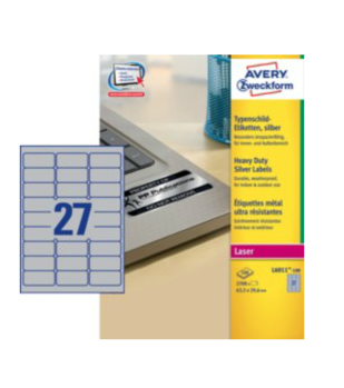 Etichette permanenti poliestere argento Avery 63,5x29,6 mm - 27 et/foglio - laser monocolore conf. 100 ff L6011-100