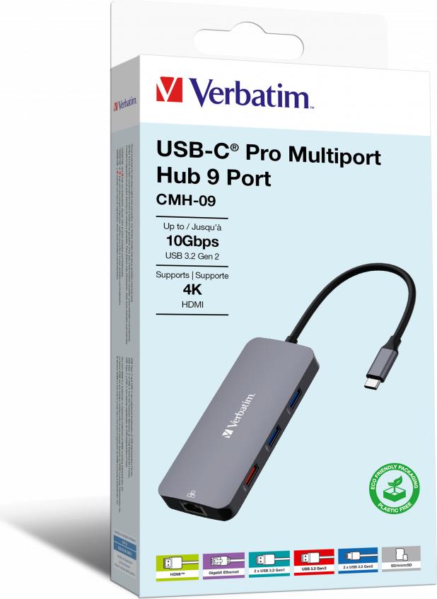 Verbatim CMH-09 USB tipo-C 10000 Mbit/s Argento (VERBATIM USB-C PRO MULTIPORT HUB 9 PORT CMH-09)