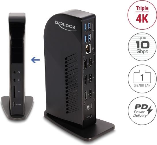 Delock USB Type-C™ Triple Display Dockingstation mit DisplayLink® 4K / USB Hub / LAN / SD / Audio / PD 96 W (88051)