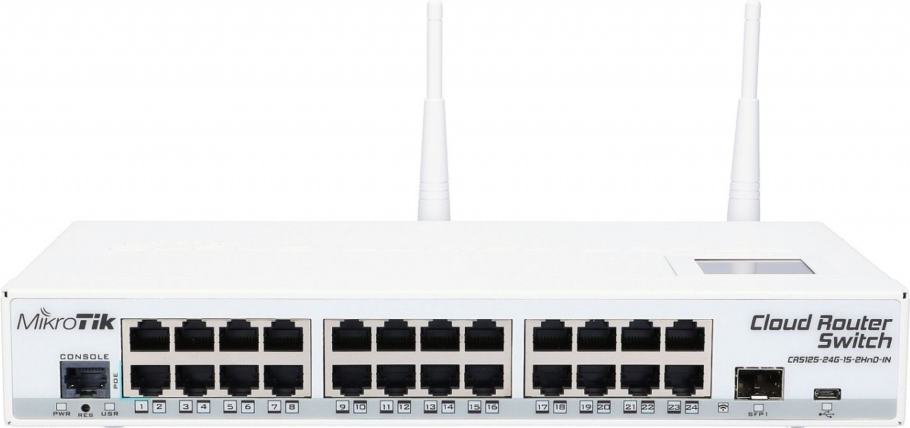 Mikrotik CRS125-24G-1S-2HND-IN - Dual-Band (2,4 GHz/5 GHz) - IEEE 802.11n - IEEE 802.11b,IEEE 802.11g,IEEE 802.11n - 16-QAM,64-QAM,BPSK,CCK,DBPSK,DQPSK,QPSK - Gigabit Ethernet - 10,100,1000 Mbit/s (MT CRS125-24G-1S-2HnD-IN)