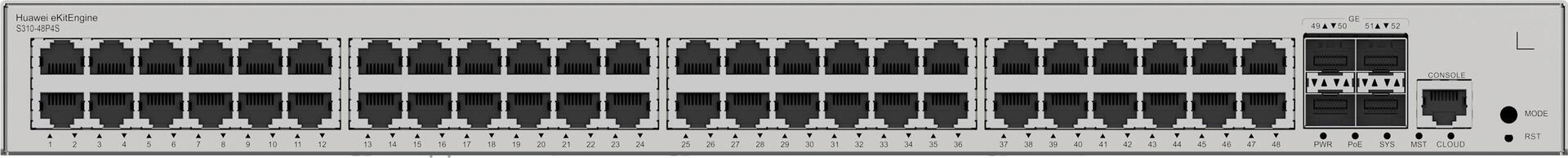 Huawei eKit Switch S310-48P4S 380W - Diese Serie von Ethernet-Switches - basierend auf hochleistungsfähiger Hardware der neuen Generation - kann in SOHO-Szenarien sowie für den Netzwerkzugang und die Aggregation in Unternehmenscampusnetzen eingesetzt werden. > Produkttyp- Switch- ear-Kategorie (ElektroG): relevant - Kategorie 6: kleine Geräte der IT- und TK-Technik - Kleine Geräte der IT- und TK-Technik B2C> Spezifikationen- Lüfter integriert- Switch-Art: Access> Anschlüsse- Bandbreite