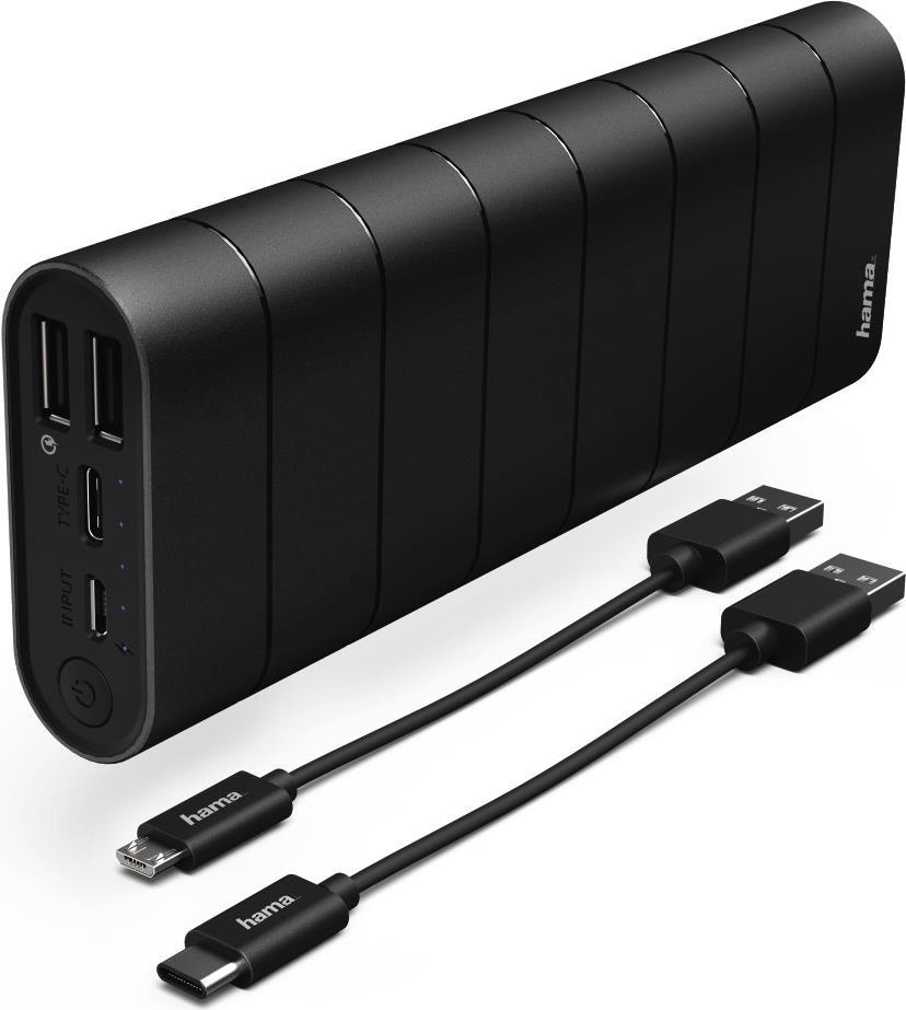 Hama Prime Line Joy PRO - Powerbank - 15600 mAh - Quick Charge 3.0 - 4 Ausgabeanschlussstellen (Micro-USB Typ B, 2 x USB, USB-C) - auf Kabel: Micro-USB, USB-C - Schwarz (00178898)