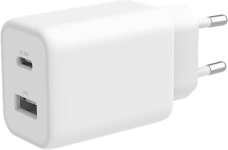 Deltaco Wall Charger, 1xUSB-A, 1xUSB-C PD 30W - White