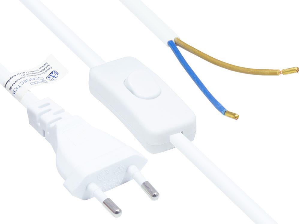Euro-Netzkabel Euro-Stecker Typ C (gerade) an abisolierte Enden, mit Schalter, weiß, 0,75 mm², 1,5 m, Good Connections® (P0386-W015)