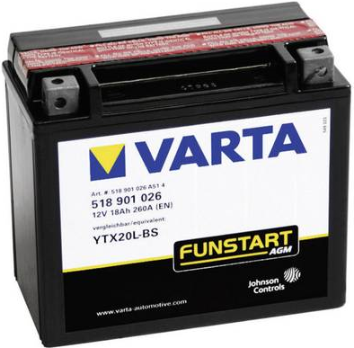 Varta YTX20L-4, YTX20L-BS Motorradbatterie 12 V 18 Ah ETN 518901026 Passend für Motorräder, Quads, Jetski, Schneemobile (549676)