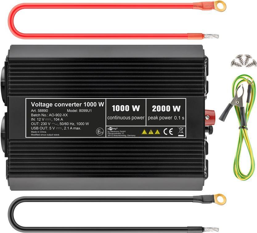 Convertitore di tensione nero Goobay da 1000 W converte da 12 V CC a 230 V CA (58890)