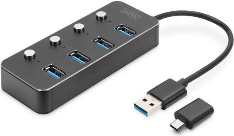 DIGITUS Hub USB 3.0, 4 porte, attivabile, alloggiamento in alluminio