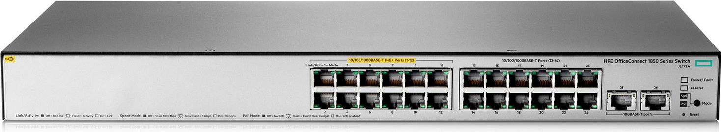 HPE OfficeConnect 1850 24G 2XGT PoE+ 185W - Switch - verwaltet - 12 x 10/100/1000 (PoE+) + 12 x 10/100/1000 + 2 x 10Base-T - Desktop, an Rack montierbar, wandmontierbar - PoE+ (185 W)