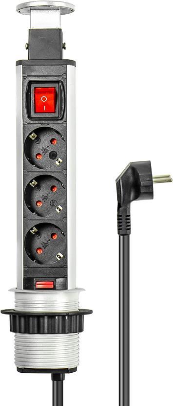 Pop-Up Steckdosenleiste 3-fach, versenkbare Steckdosenleiste, Schalter, ALU-Profil, 3x Schutzkontakt, Good Connections® (PT060-0101)