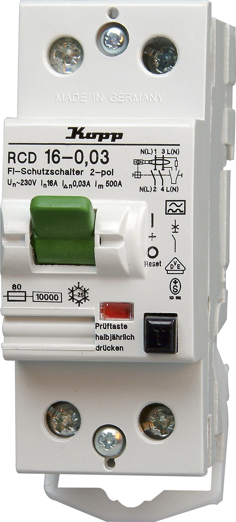 Kopp 751623019. Eingangsspannung: 230 V, Nennstrom: 16 A, AC Eingangsfrequenz: 50 - 60 Hz. Schutzschaltertyp: Residual-current device, Typ: A-type, Schaltleistung: 250 A. Tiefe: 70 mm (751623019)