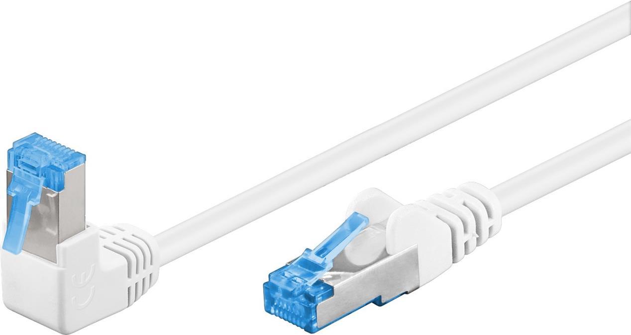 CAT 6A patchcable 1x 90ÃÂ°angled, S/FTP (PiMF), white, 0.25 m - latch on top, LSZH halogen-free, copper