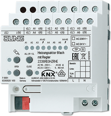 JUNG 2336 REG HZR HE. Produkttyp: Heizungsaktor, Produktfarbe: Weiß. Eingangsspannung: 110 - 230 V, Eingangsfrequenz: 50/60 Hz, Stromverbrauch (Standby): 0,4 W (2336REGHZRHE)