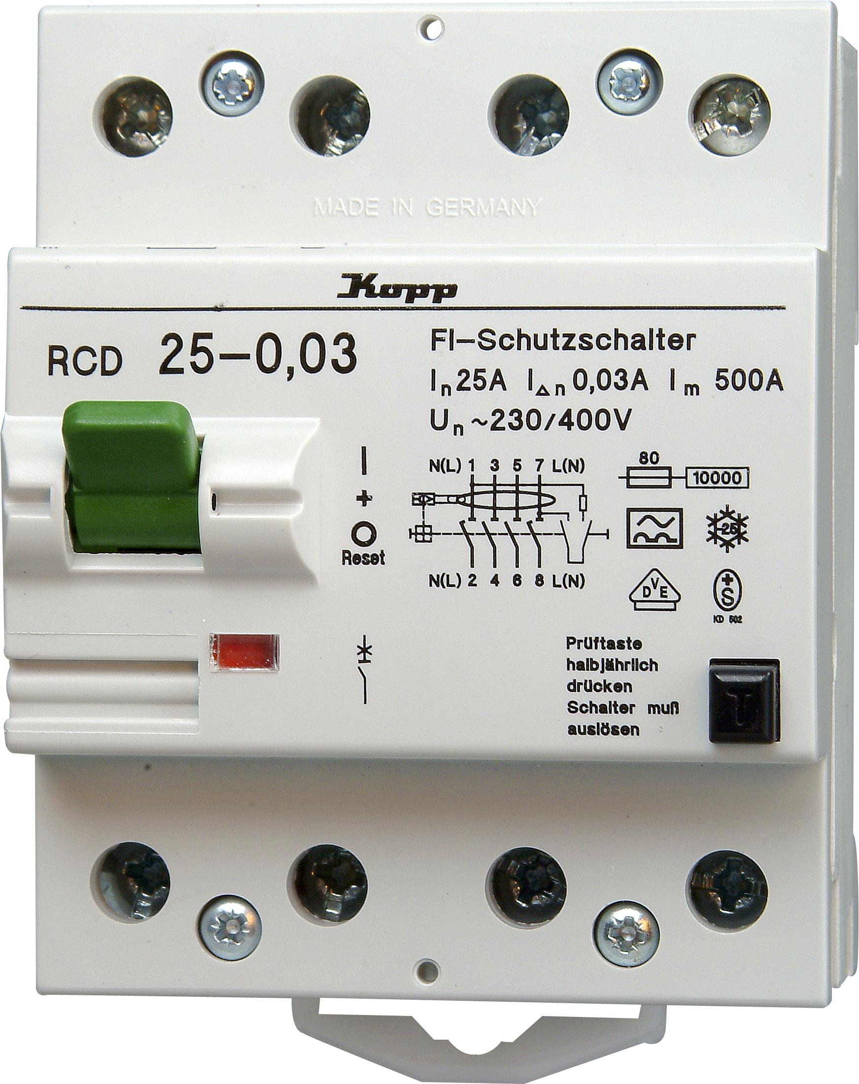 Kopp 756343019. Eingangsspannung: 230 - 400 V, Nennstrom: 63 A, AC Eingangsfrequenz: 50 - 60 Hz. Schutzschaltertyp: Residual-current device, Typ: A-type, Schaltleistung: 250 A. Tiefe: 70 mm (756343019)