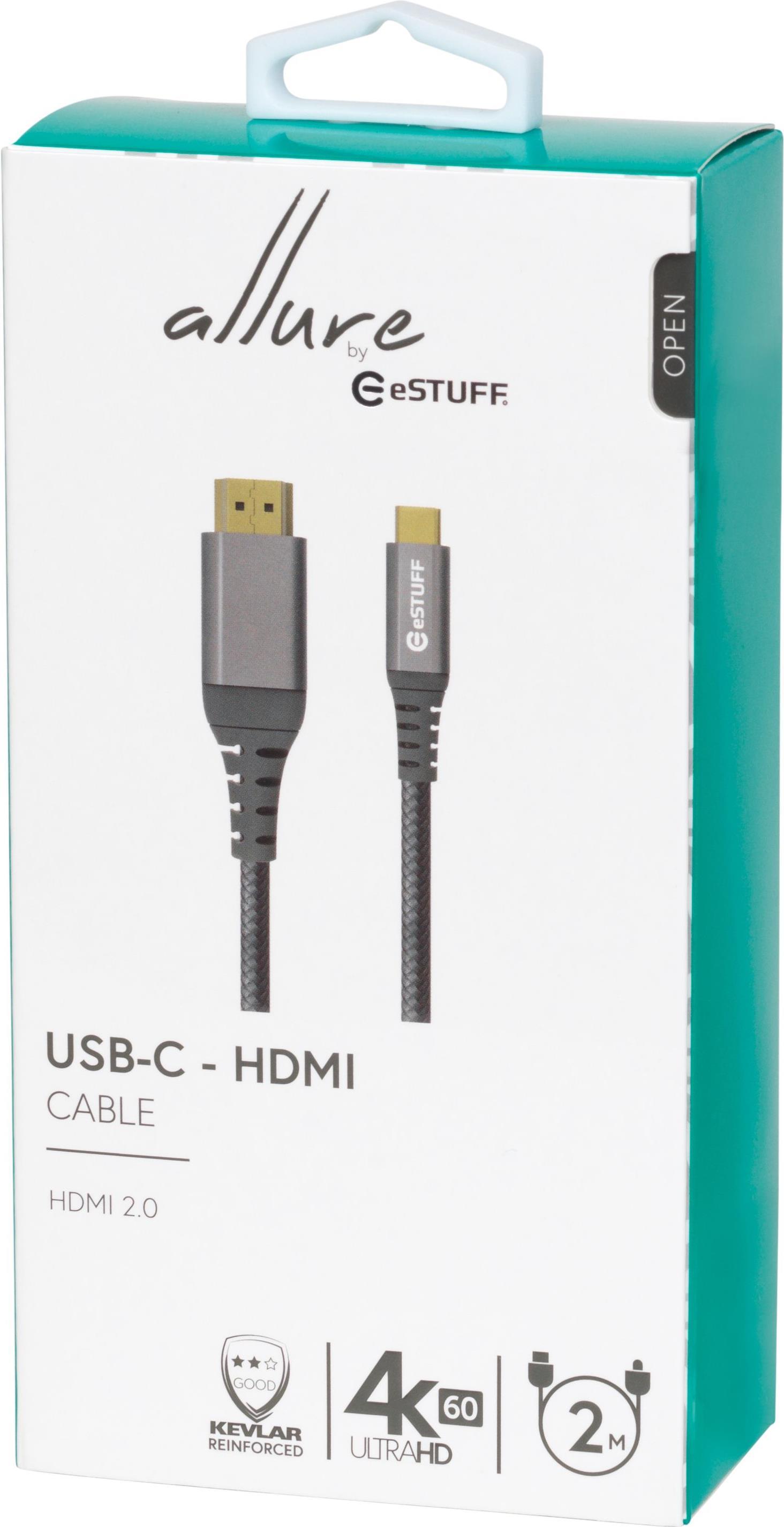 eSTUFF USB-C - HDMI Cable 2m - USB-C Male - HDMI Male - 4K@60Hz braided cable and metal plugs - Warranty: 2Y Grigio (USB-C - HD