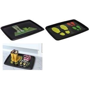 OKT DECO-Schuhablage Footprints (B)550 x (H)400 mm, PP schwarz mit bunten Fußabdrücken, 20 mm hoher Rand, hält - 1 Stück (1024680005300)