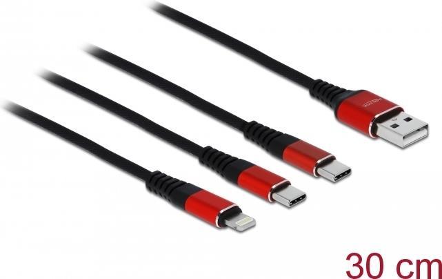 Delock Cavo di ricarica USB 3 in 1 da tipo A a Lightning / 2 x USB tipo C da 30 cm