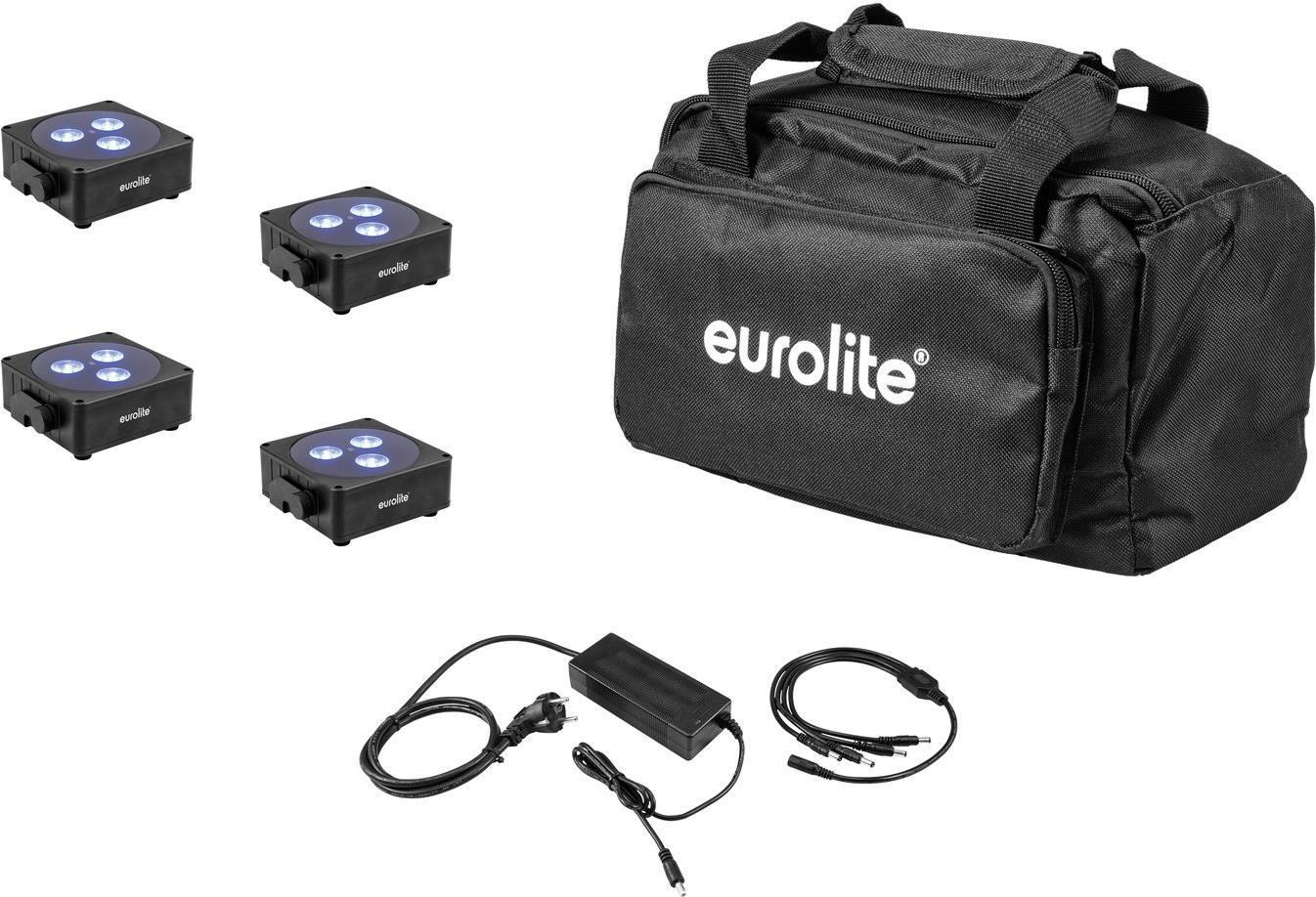 EUROLITE Set 4x AKKU Flat Light 3 sw + Ladenetzteil + Soft-Bag (20000476)