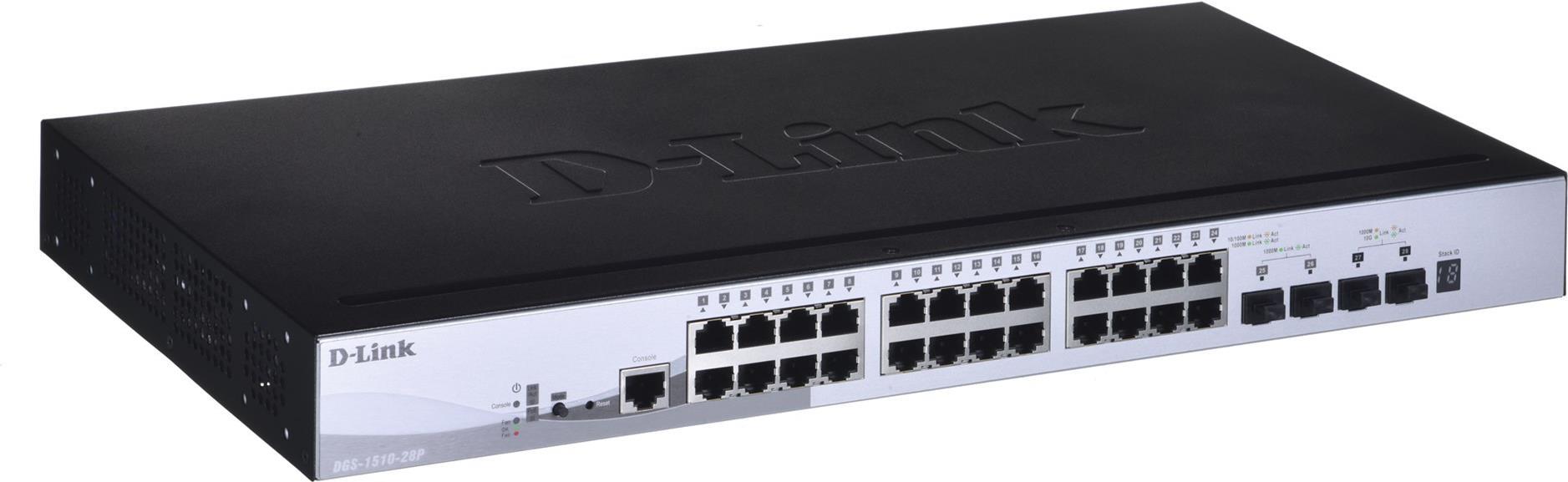 D-Link DGS 1510-28P - Switch - L3 - Smart - 24 x 10/100/1000 (PoE+) + 2 x Gigabit SFP + 2 x 10 Gigabit SFP+ - Desktop, an Rack montierbar - PoE+ (193 W)