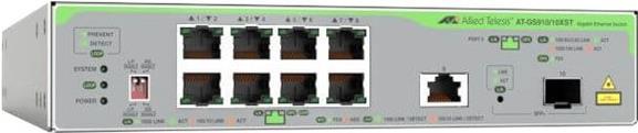 Allied Telesis CentreCOM AT-GS910/10XST - Switch - unmanaged - 8 x 10/100/1000 + 1 x 100/1000/2,5 G/5 G/10 G (Uplink) + 1 x 1 Gigabit/10 Gigabit SFP+ (Uplink) - an Rack montierbar (AT-GS910/10XST-50)