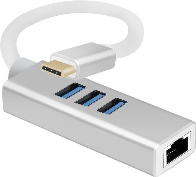 Helos HUB, USB 3.1 tipo CSt. /3x USB+RJ45 Gigabit Ethernet, PREMIUM, argento