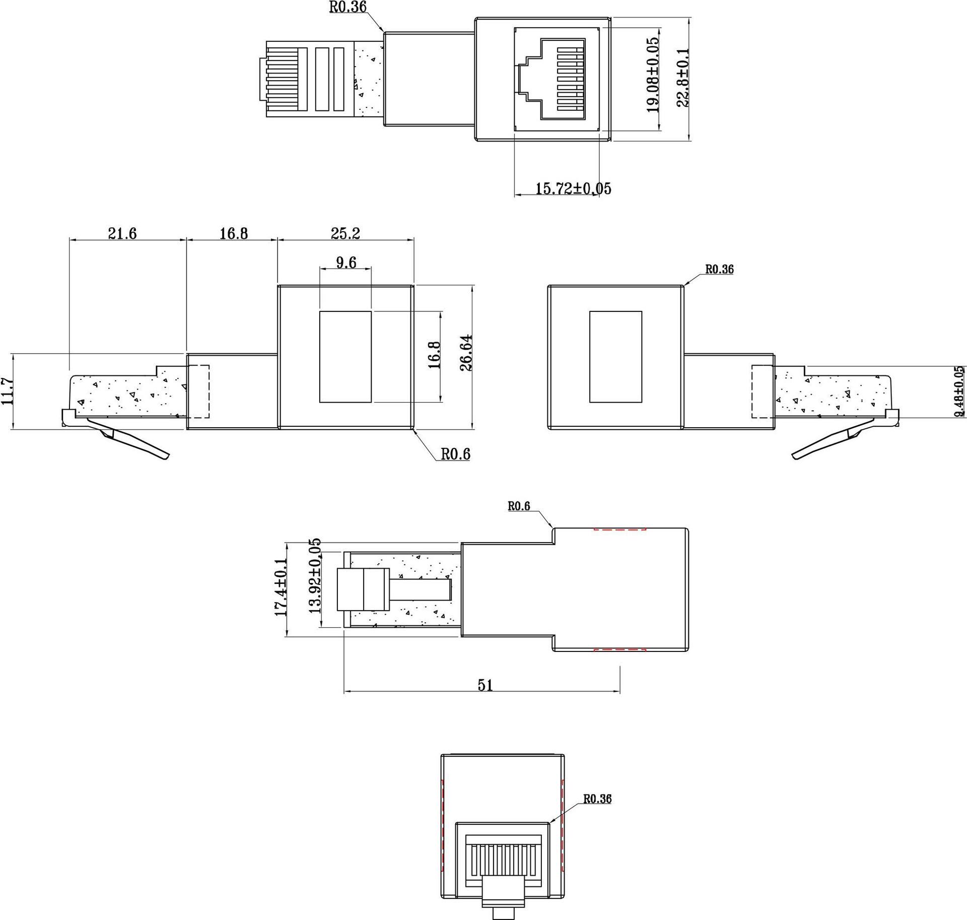 Adattatore cavo patch Cat.6A - presa-spina RJ45 - angolata 90 verso il basso