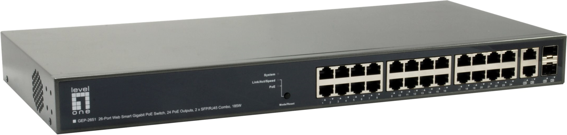 EFB-Elektronik GmbH 26-Port Web Managed GE PoE+ Switch, 2x SFP/RJ45 Combo (185W), 24 PoE+ Gigabit Ethernet Ports und 2 Gigabit SFP SlotsQoS-Steuerung zur Traffic- und BandbreitenverwaltungDHCP-Client/ServerUnterstützt IPv4/IPv6Min (GEP-2651)