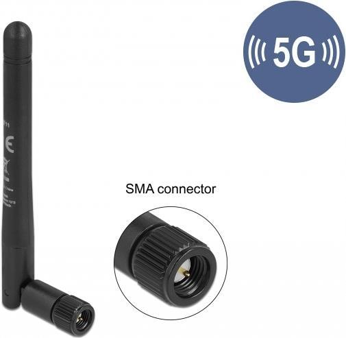 Delock Antenna 5G 3.3 - 5.0 GHz SMA plug -1.0 - 4.5 dBi 10.9 cm omnidirezionale con giunto inclinabile e materiale flessibile