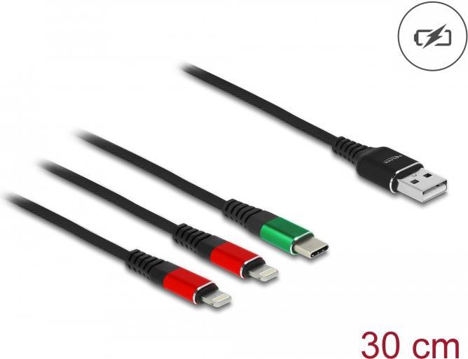 Delock Cavo di ricarica USB 3 in 1 Tipo-A a 2 x Lightning / USB Tipo-C 30 cm