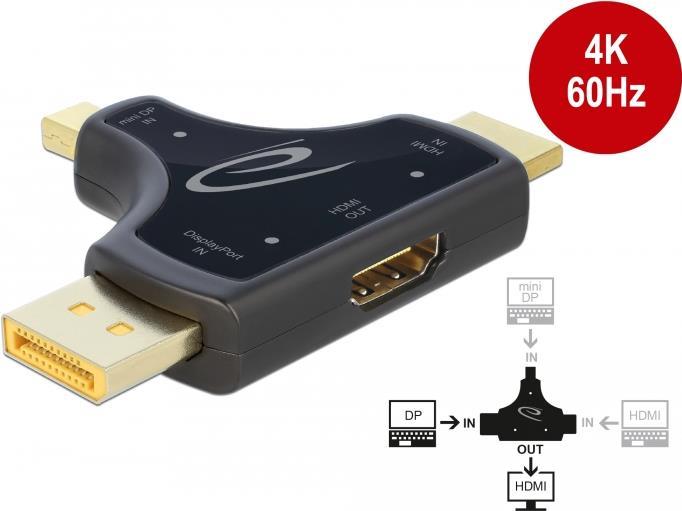 DeLOCK 7,60cm (3) 1 Monitor Adapter with HDMI / DisplayPort / mini DisplayPort in to HDMI out with 4K 60 Hz - Video- / Audio-Adapter - HDMI, DisplayPort, Mini DisplayPort (M) bis HDMI (W) - Anthrazit - 4K Unterstützung (64059)