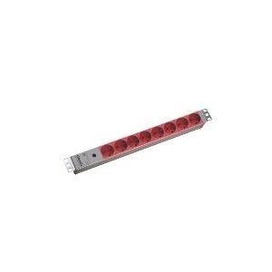 Bachmann 48,30cm (19)-Steckdosenleiste ALU, 8-fach, für USV Mit IEC Kaltgerätestecker C14 (für USV-Anlagen), 8 rote Schutzkontakt-Steckdosen, ohne Schalter, 1HE, lichtgrau RAL7035, 2 m Kabel, Mit 10 A Feinsicherung (333.410)