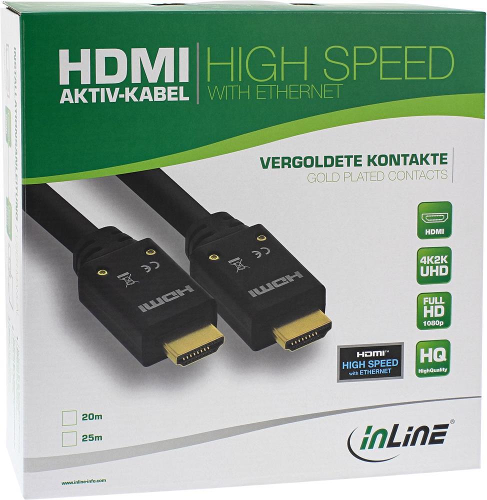 InLine High Speed - HDMI mit Ethernetkabel - HDMI (S) bis HDMI (S) - 20,0m - Dreifachisolierung - Schwarz - geformt, 4K Unterstützung, aktiv (17520B) (B-Ware)