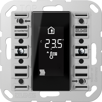 JUNG A 5194 KRM TS D. Übertragungstechnik: Verkabelt. Produktfarbe: Schwarz, Grau, Display-Typ: LCD, Steuerung: Knöpfe. Eingangsspannung: 21 - 32 V. Temperatursensor der Betriebstemperatur: -5 - 45 °C (A5194KRMTSD)
