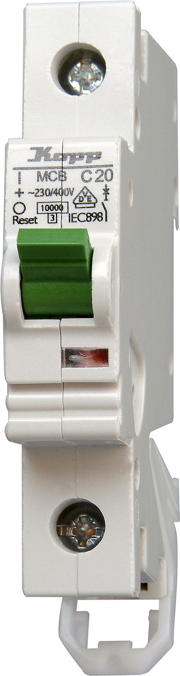 Kopp 722001008. Eingangsspannung: 230 - 400 V, Nennstrom: 20 A, AC Eingangsfrequenz: 60 Hz. Schutzschaltertyp: Miniature circuit breaker, Typ: C-type, Internationale Schutzart (IP-Code): IP20. Tiefe: 68 mm (722001008)