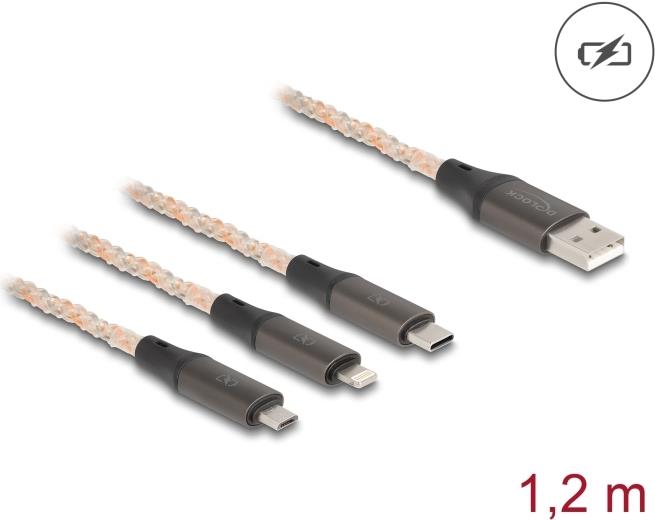 DeLOCK Cavo di ricarica USB RGB 3 in 1 da Type-A a Lightning / Micro USB / USB Type-C1,20 m (Delock 3 in 1 kun opladningskabel