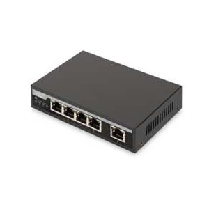 Assmann/Digitus 4 Port PoE Desktop Switch Fast Ethernet PoE af/at 4-Port Switch+ 1x Uplink, 10/100Mbps, 62 Watt PoE Power Budget, Metallgehäuse (DN-95320)