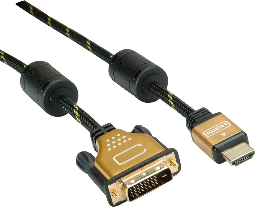 Roline Gold - Videokabel - Dual Link - HDMI / DVI - DVI-D (M) bis HDMI (M) - 3 m - abgeschirmt - Schwarz, Gold - 4K Unterstützung