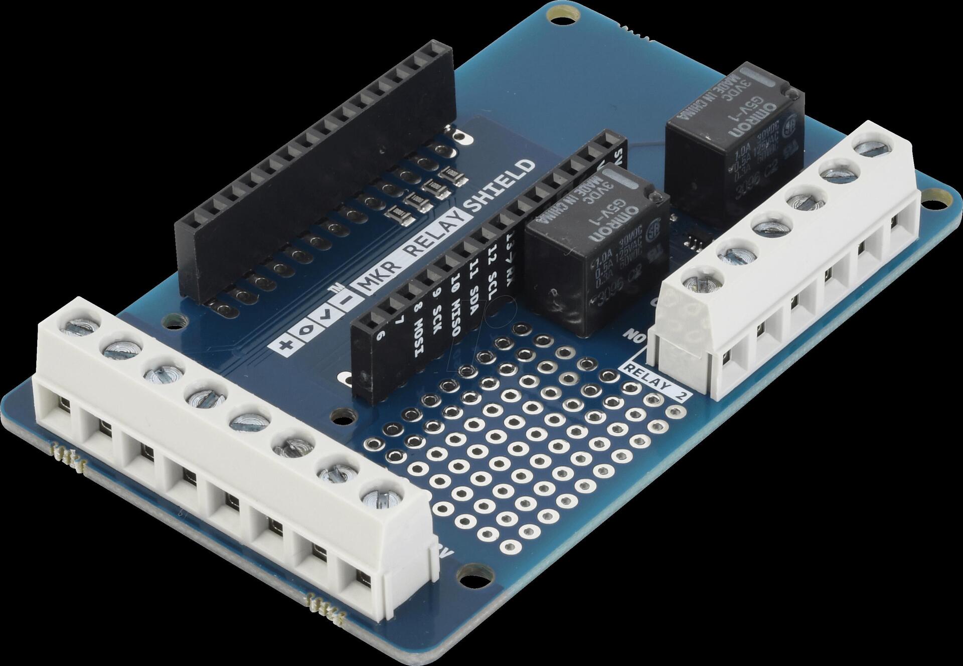 Relais Das MKR Relay Proto Shield ermglicht es Ihnen Relais einfach mit Ihrem MKR Board zu steuern. Das Shield bietet zwei On-